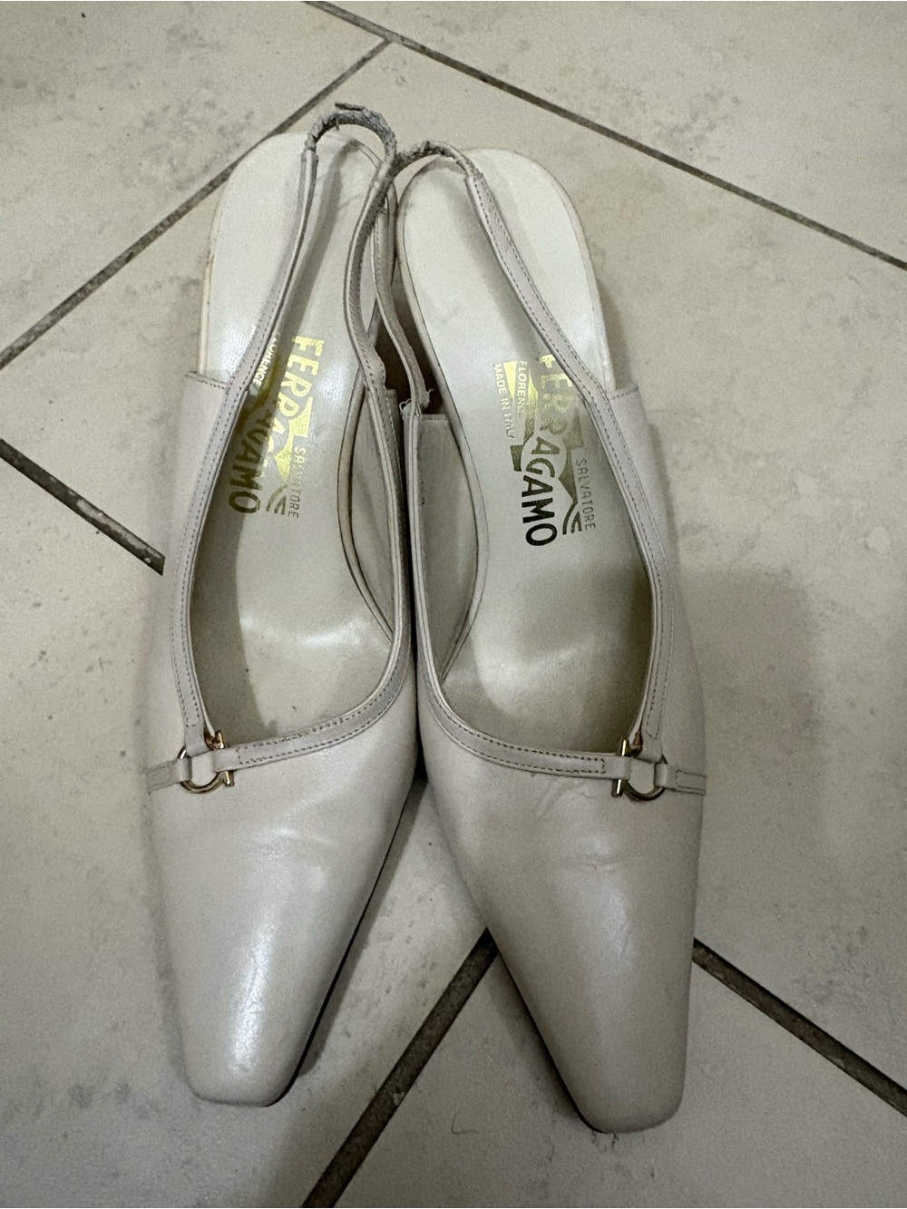 Salvatore Ferragamo Ivory Slingback Pointed-Toe Heels with Gold Accent
